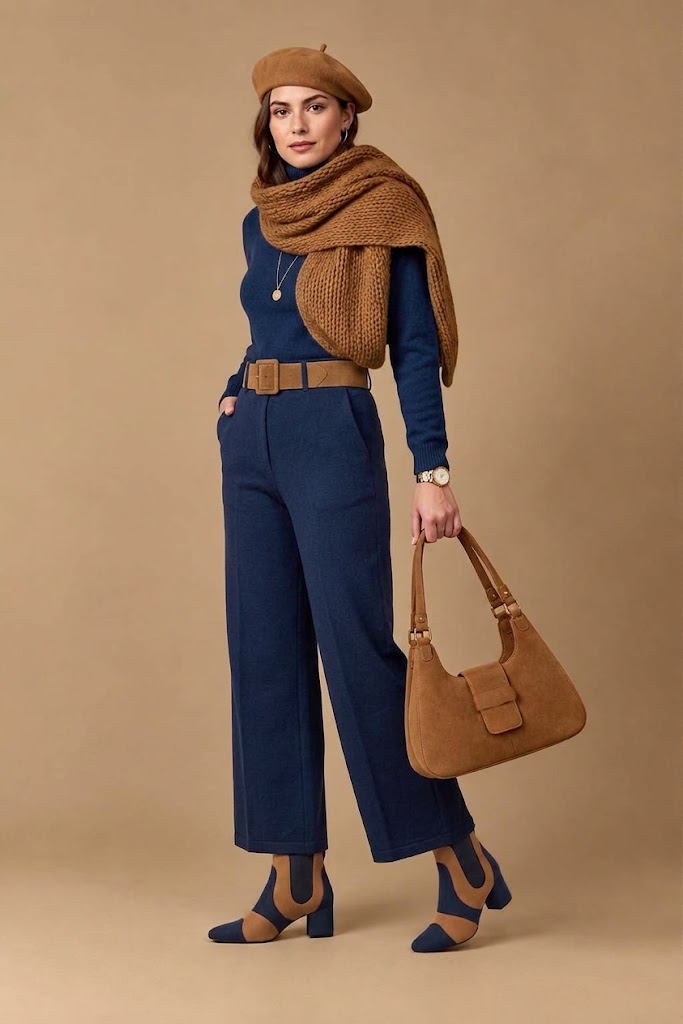 Bottines habillées femme avec élastiques en cuir bleu marine et beige camel à talon évasé de 4.5 cm et bout rond - Vue du dessus