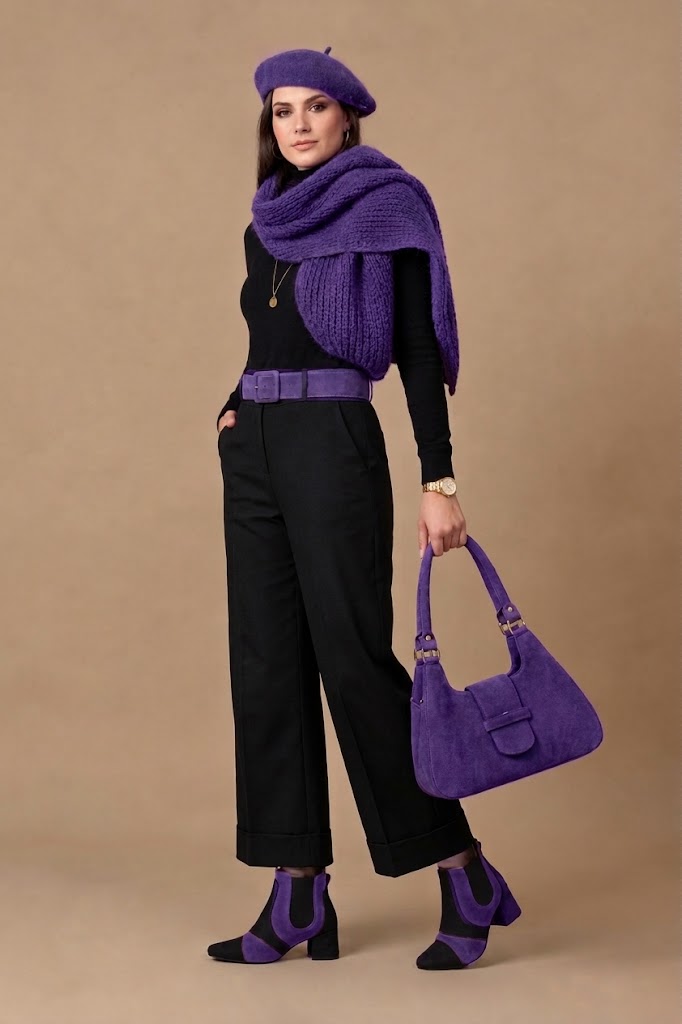 Bottines habillées femme avec élastiques en cuir noir mat et violet outremer à talon évasé de 4.5 cm et bout rond - Vue du dessus