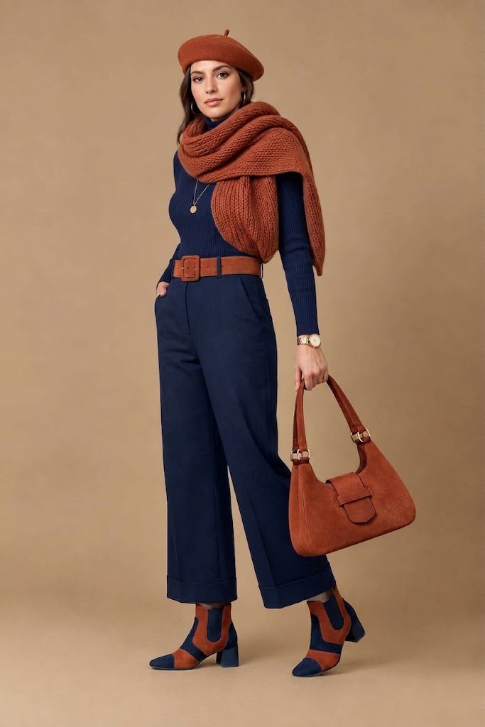 Bottines bicolores avec des élastiques pour femme en cuir bleu marine et terracotta avec bout rond et talon évasé de 4.5 cm - Vue du dessus