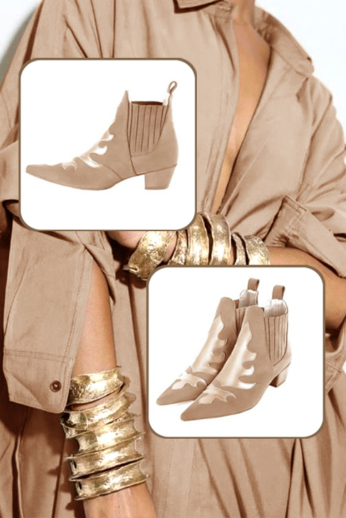 Bottines femme avec des élastiques beige sahara et or. Bout pointu. Talon conique de 3.5 cm - Vue du dessus