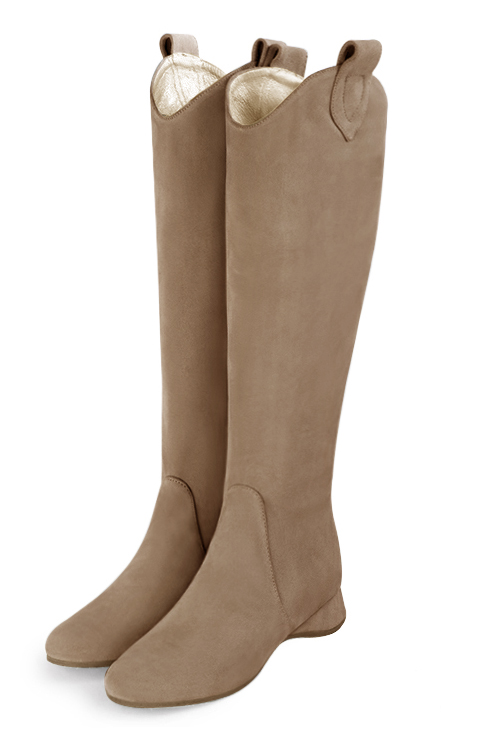 Botte femme : Santiags femme sur mesures couleur beige biscuit. Bout rond. Talon plat compensé. Vue avant - Florence KOOIJMAN