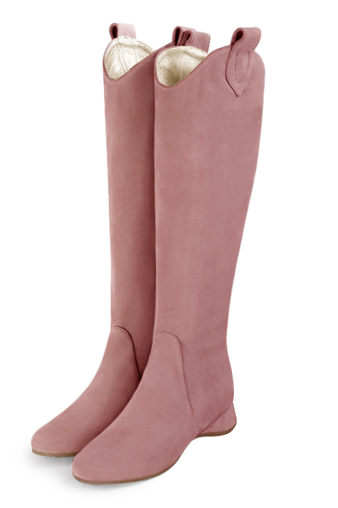 Botte femme : Santiags femme sur mesures couleur rose vieux rose. Bout rond. Talon plat compensé. Vue avant - Florence KOOIJMAN