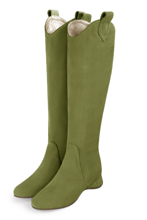 Botte femme : Santiags femme sur mesures couleur vert pistache. Bout rond. Talon plat compensé. Vue avant - Florence KOOIJMAN