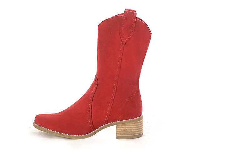 Boots femme : Boots fermeture éclair à l'intérieur couleur rouge coquelicot. Bout rond. Semelle cuir petit talon. Vue de profil - Florence KOOIJMAN