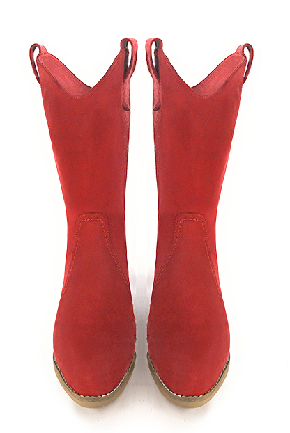 Boots femme : Boots fermeture éclair à l'intérieur couleur rouge coquelicot. Bout rond. Semelle cuir petit talon. Vue du dessus - Florence KOOIJMAN